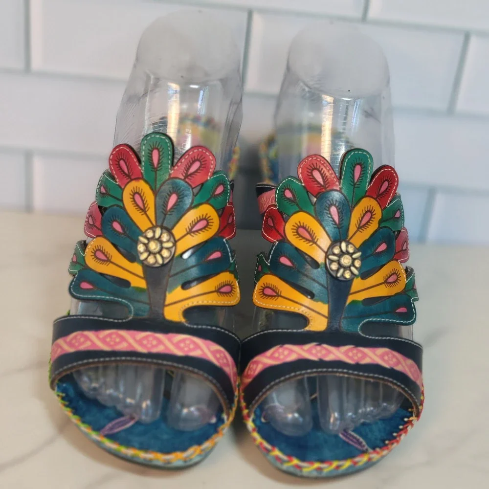 Elite by Corkys Bonsai Blue Leather Peacock Hand Painted Wedge Sandals Womens 6